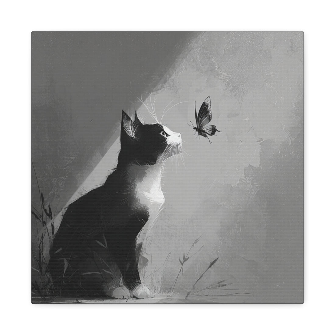 Tableau Noir & Blanc chat et papillon
