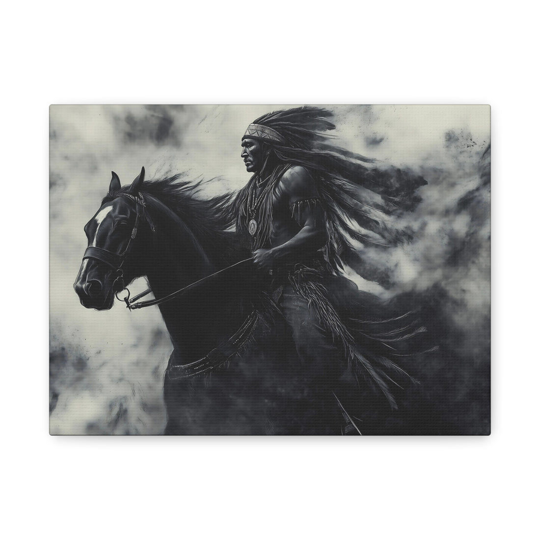 Tableau Indien & Cheval Noir & Blanc