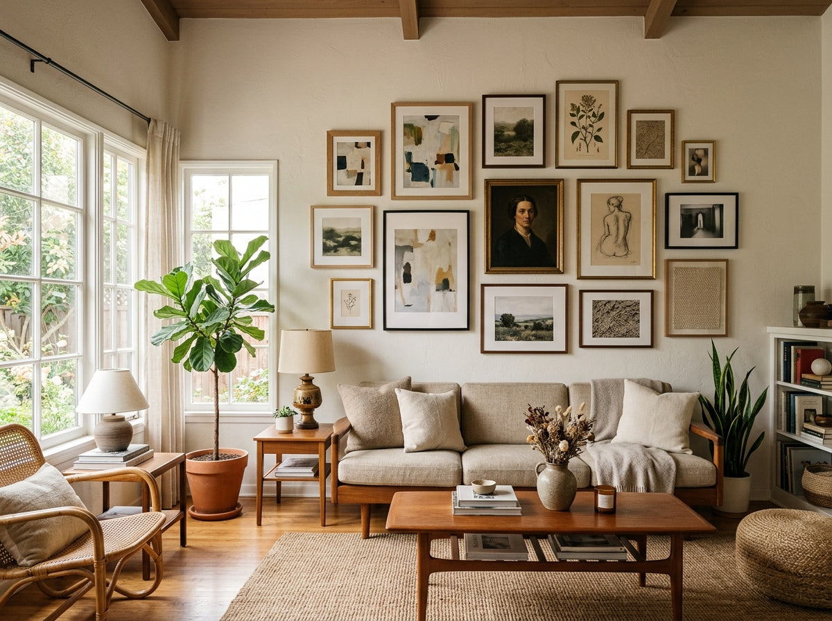 Mur de tableaux dans un intérieur chaleureux