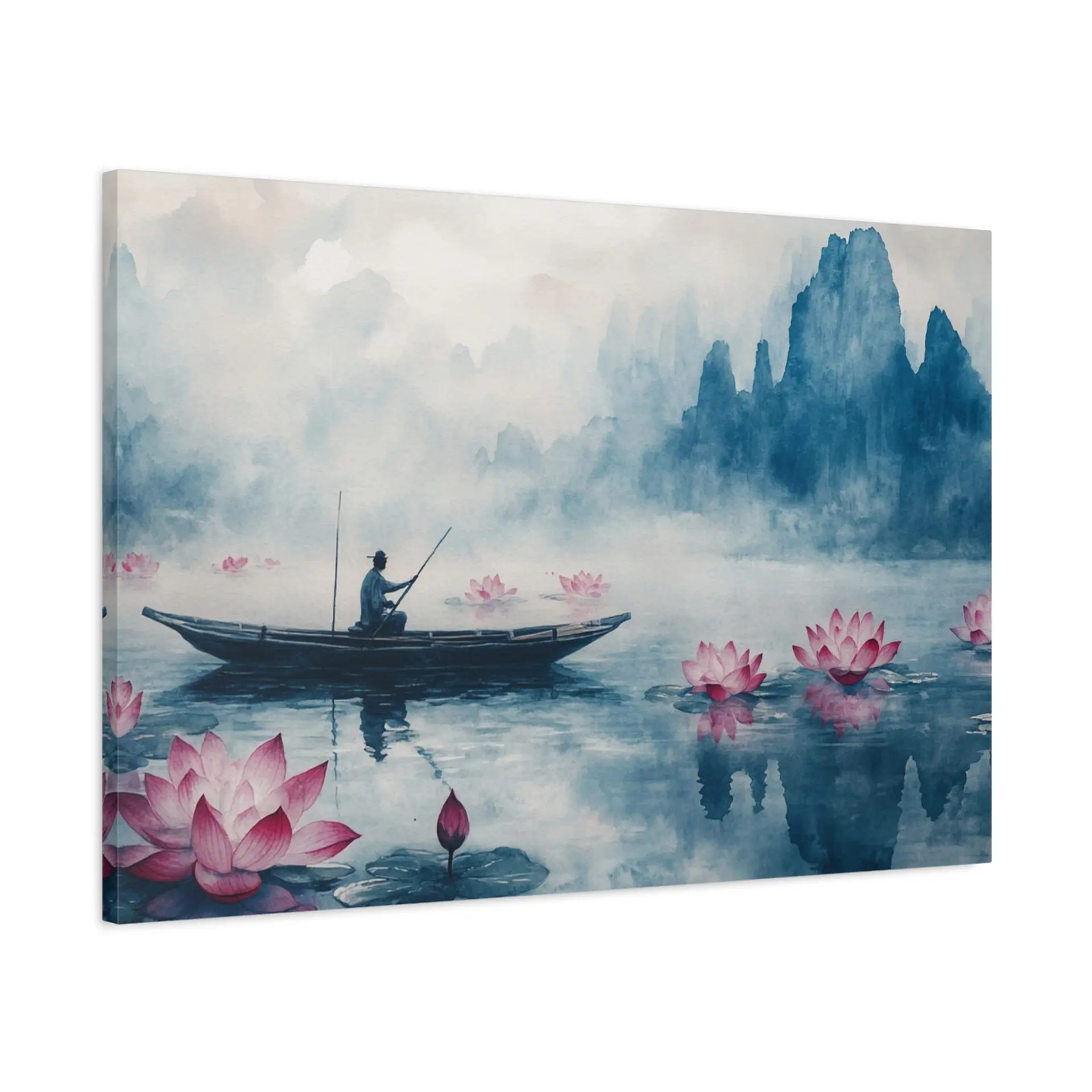 Tableau Peinture Pêcheur Dans Fleurs De Lotus
